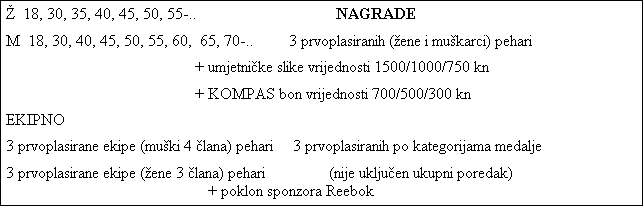 Tekstni okvir:   18, 30, 35, 40, 45, 50, 55-..			NAGRADE
M  18, 30, 40, 45, 50, 55, 60,  65, 70-..	3 prvoplasiranih (ene i mukarci) pehari
 				+ umjetnike slike vrijednosti 1500/1000/750 kn
				+ KOMPAS bon vrijednosti 700/500/300 kn
EKIPNO
3 prvoplasirane ekipe (muki 4 lana) pehari     3 prvoplasiranih po kategorijama medalje
3 prvoplasirane ekipe (ene 3 lana) pehari	          (nije ukljuen ukupni poredak)					               + poklon sponzora Reebok	
